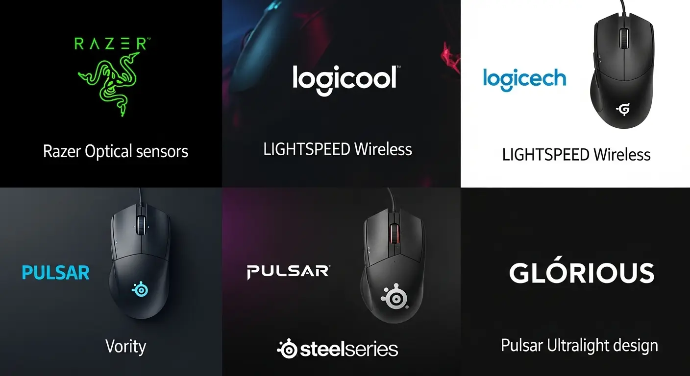 主要なゲーミングマウスメーカー(Razer、Logicool、SteelSeries、Pulsarなど)のロゴと代表的な製品を示す画像。