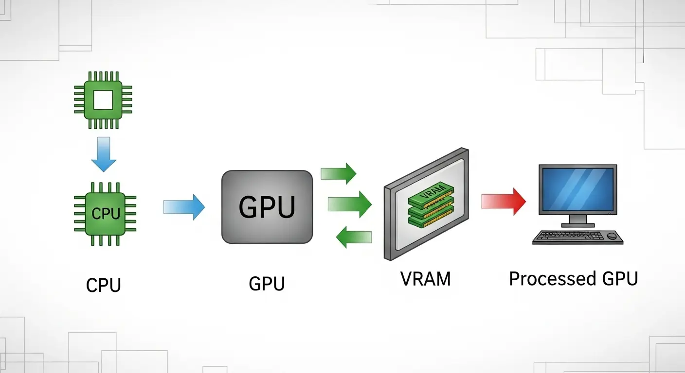 CPU、GPU、VRAM間のデータ処理の流れを示す図。