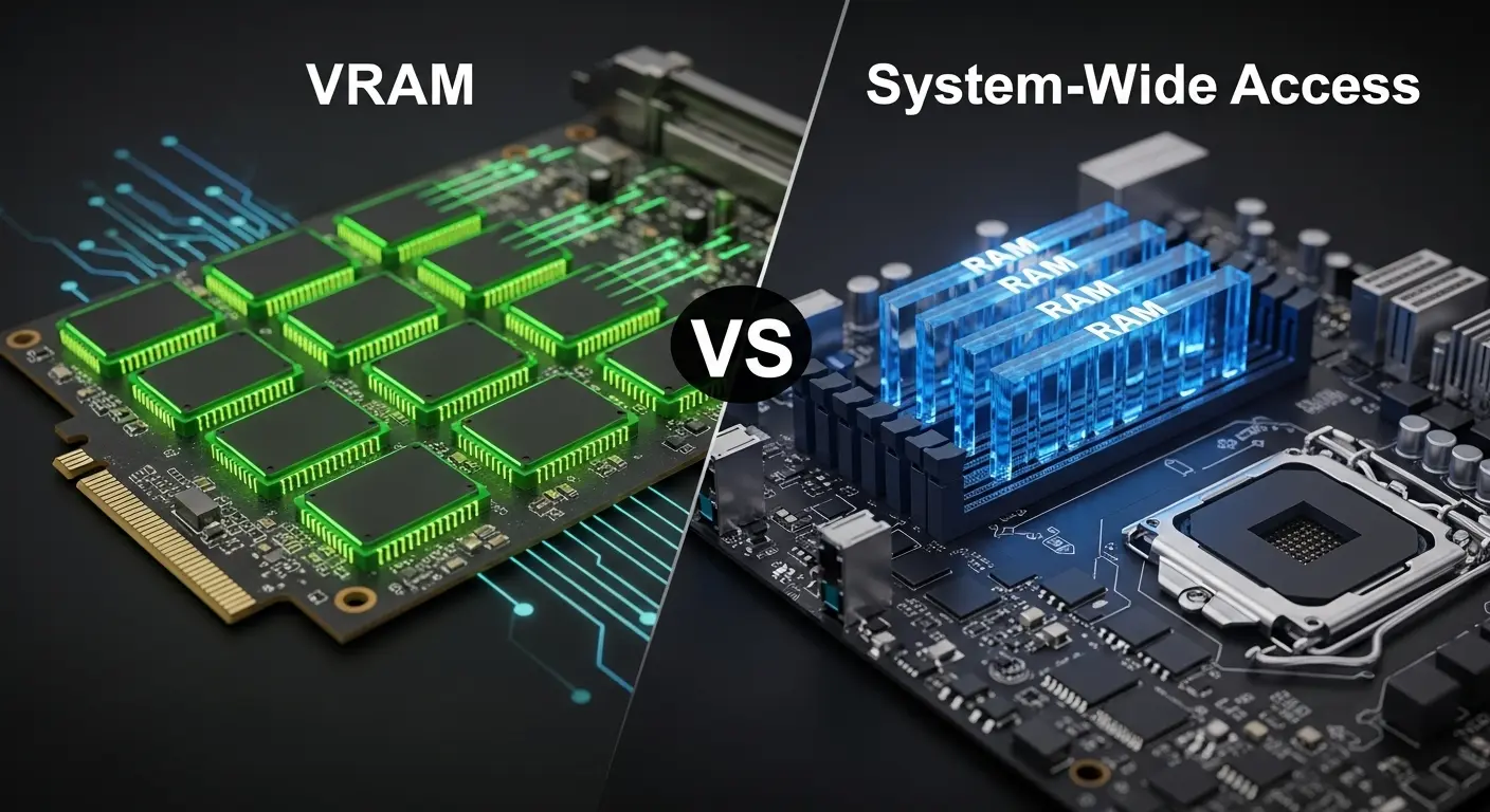 VRAMとRAMの機能、搭載場所、速度の違いを比較した図。
