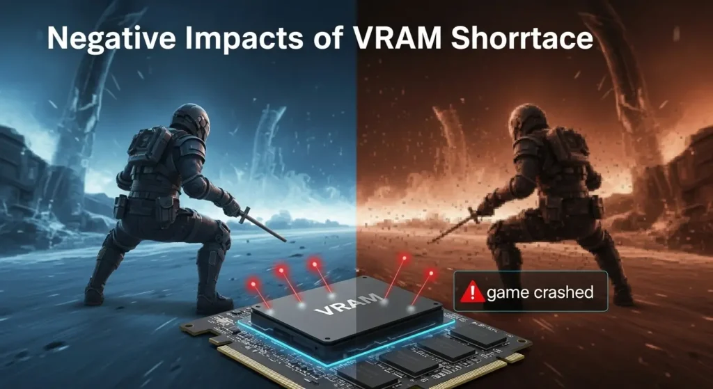 VRAM不足がゲームに与える悪影響(カクつき、テクスチャ遅延、クラッシュ)のイメージ。