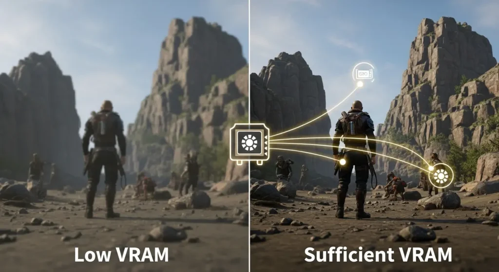VRAM容量がゲームのテクスチャ品質と解像度に与える影響の比較。