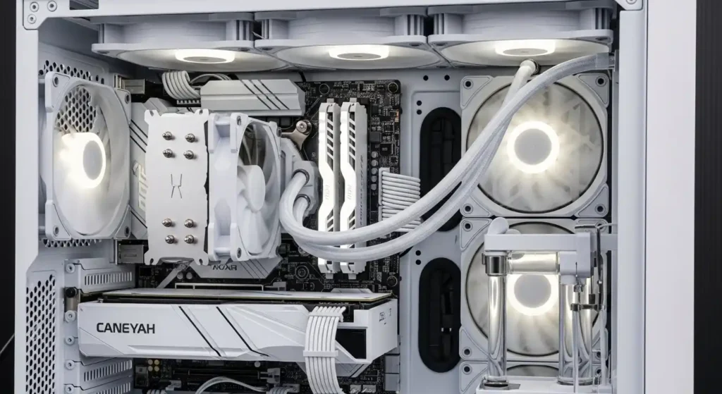 白いゲーミングPCの内部パーツ