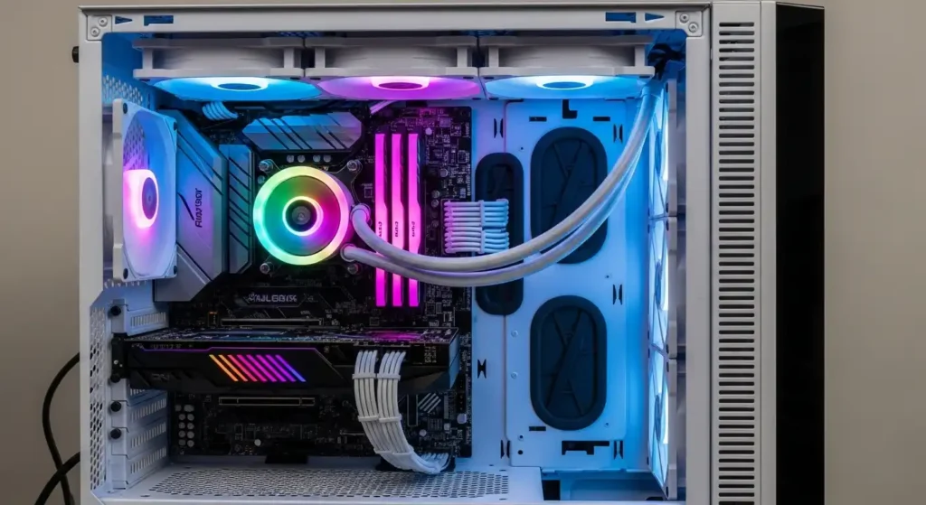 白いゲーミングPCとRGBライティングの組み合わせ