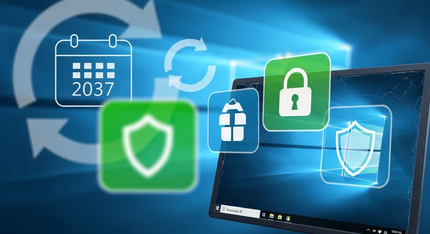 古いWindows 10のデスクトップ画面に、鍵や盾のアイコンが重ねられ、セキュリティが強化されている様子を表す。背景にはカレンダーや更新を示す矢印が描かれている。