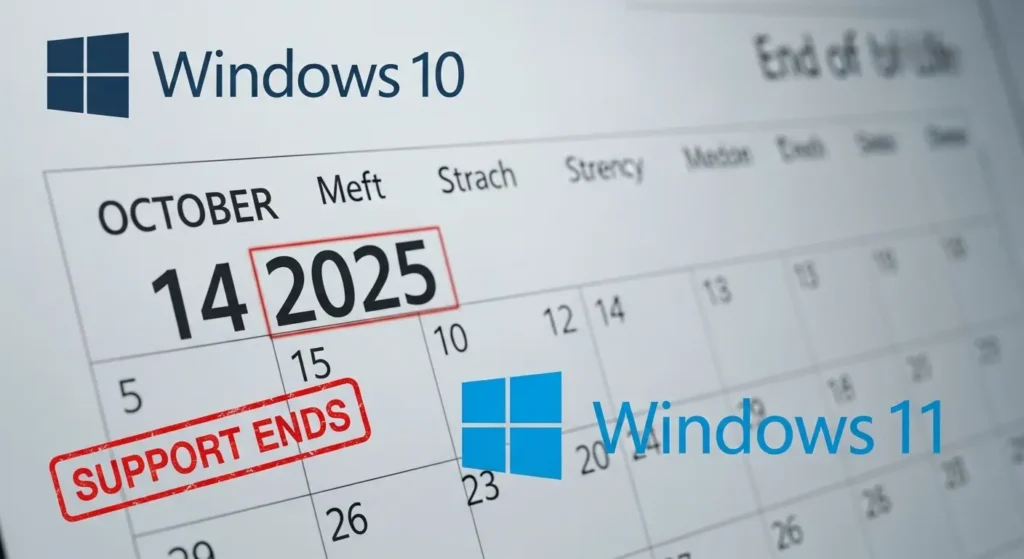2025年10月14日のWindows 10サポート終了日を示すカレンダーと、Windows 10からWindows 11への移行を促すロゴ。