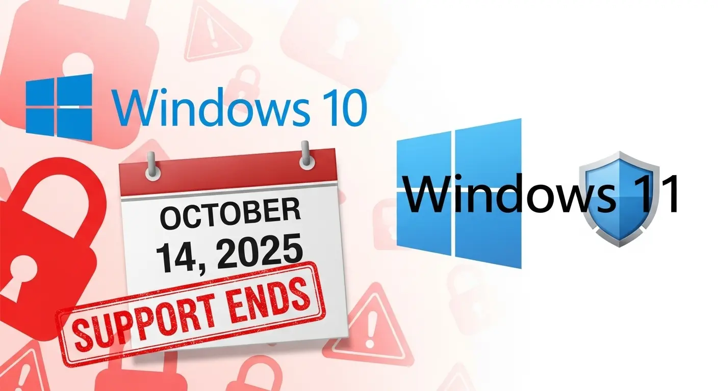 2025年10月14日のWindows 10サポート終了と、それに伴うセキュリティリスク、およびWindows 11への移行を促すイメージ。