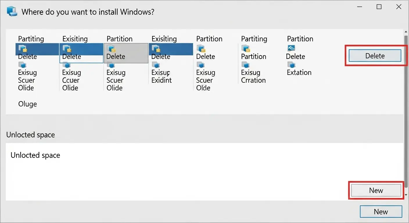 Windows 11のインストール時に、既存パーティションを削除し、新規パーティションを作成する画面。