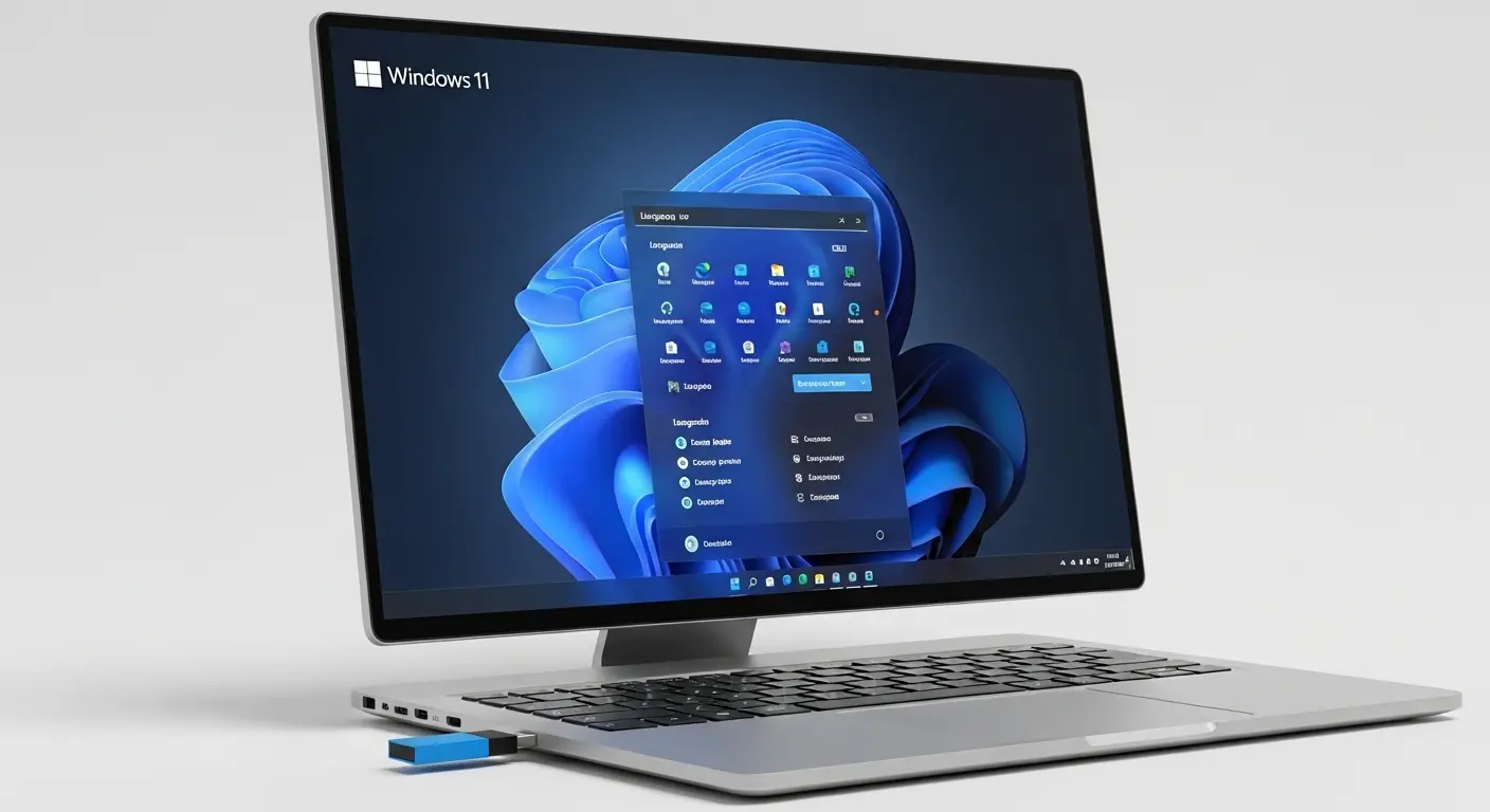 Windows 11のクリーンインストール開始画面と、起動用USBメモリが接続されたパソコン。