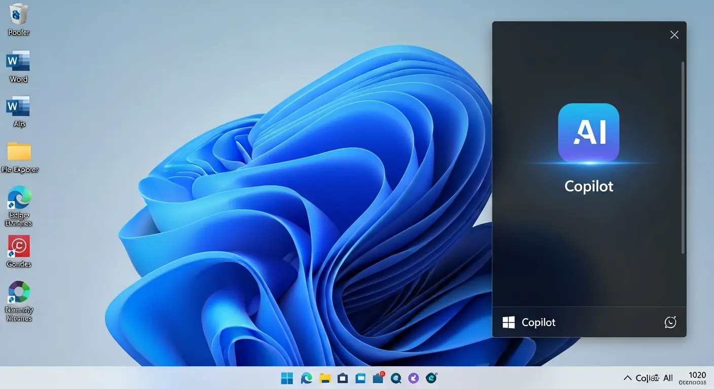 Windows 11のデスクトップ画面にCopilotのサイドバーが表示され、AIアシスタントが統合されている様子。