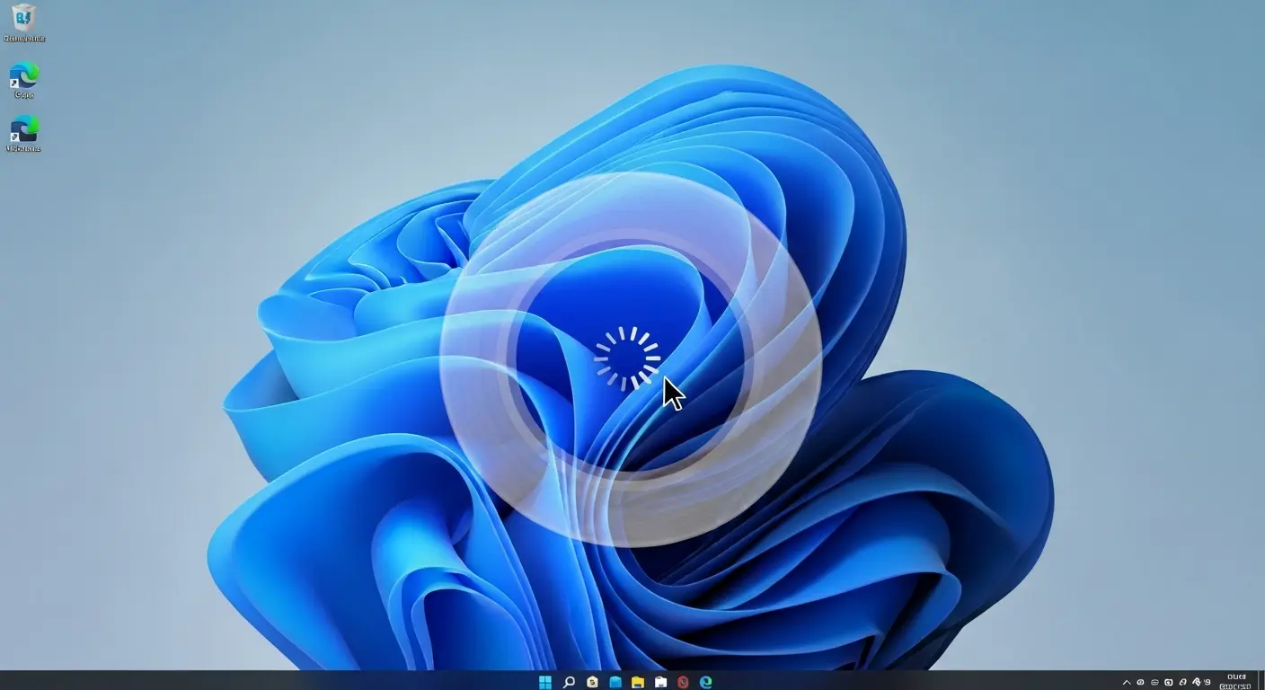 Windows 11のデスクトップ画面がフリーズし、マウスカーソルが読み込み中の状態。