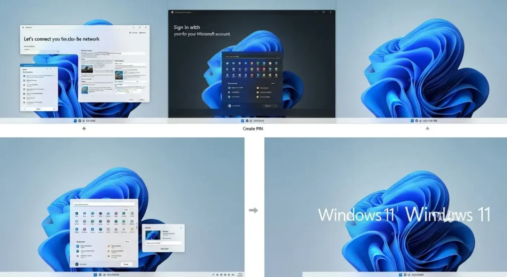Windows 11の初期設定画面(ネットワーク接続、Microsoftアカウントサインイン、PIN作成)から、デスクトップが表示されるまでの流れ。