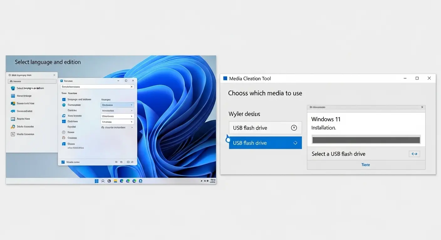 Windows 11メディア作成ツールで、USBフラッシュドライブを選択し、インストールメディアを作成している画面。
