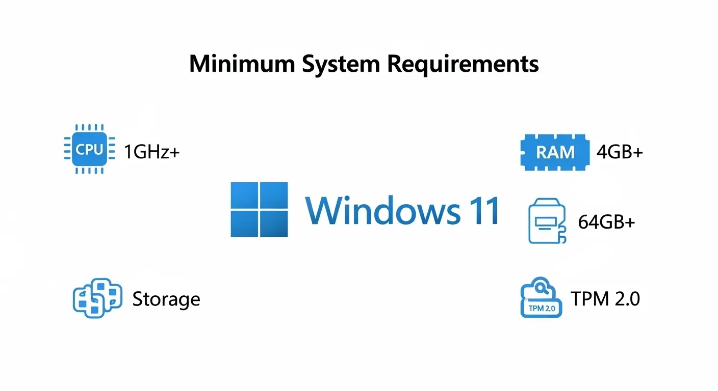 Windows 11の最低システム要件(CPU、メモリ、ストレージ、TPMなど)をまとめたインフォグラフィック。