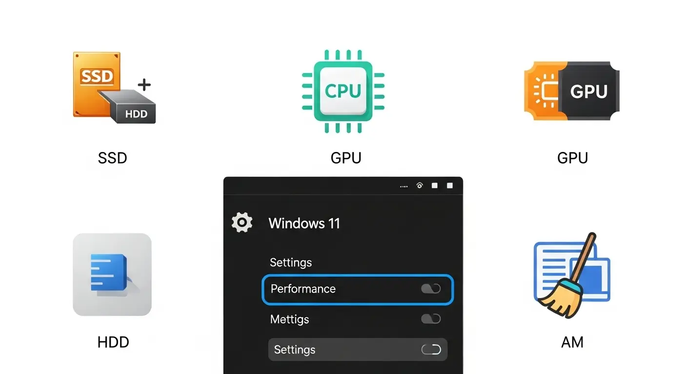 SSDへの換装、CPUとGPUの確認、Windows 11の設定最適化、定期的なシステムメンテナンスといったパフォーマンス改善策を示すアイコン。