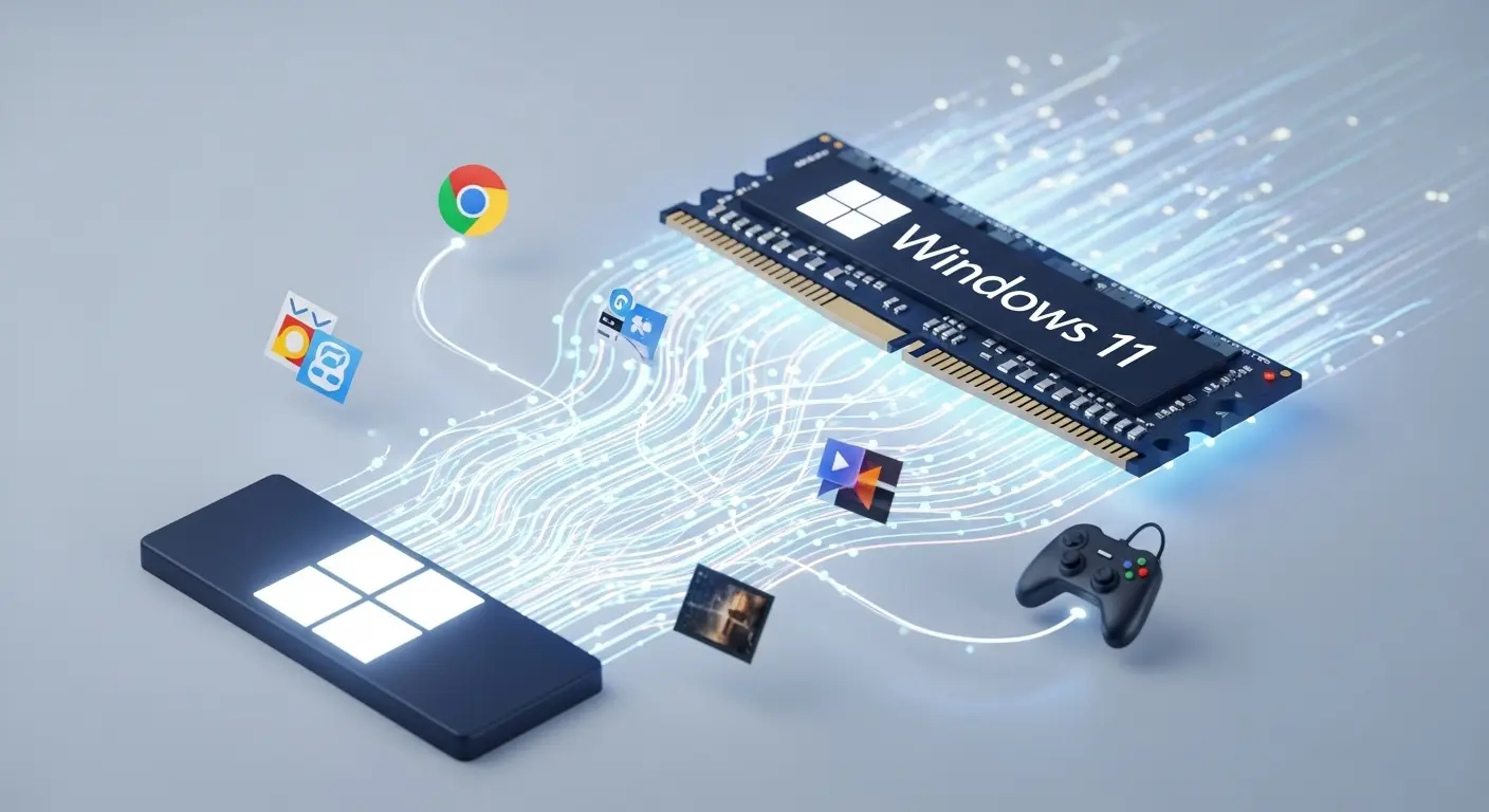 Windows 11の快適な動作に不可欠なメモリ（RAM）の重要性を表現した、メモリとWindows 11ロゴ、アプリケーションアイコンのイメージ。