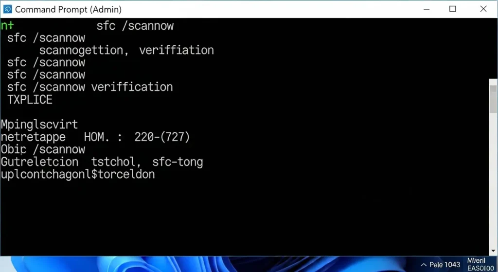 Windows 11のコマンドプロンプトで「sfc /scannow」コマンドを実行し、システムファイルを修復している画面。