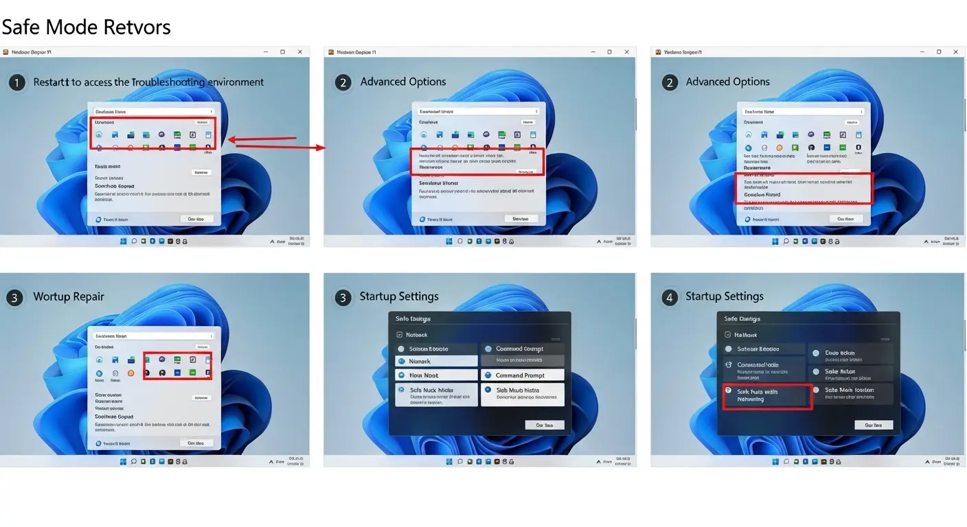 Windows 11の設定から回復オプションを経てセーフモードのスタートアップ設定にアクセスする一連の画面。