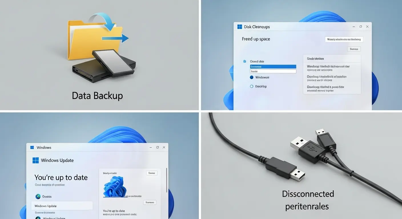 Windows 11アップグレード前のデータバックアップ、ディスククリーンアップ、Windows Update実行、周辺機器の取り外しを視覚的に示したイメージ。