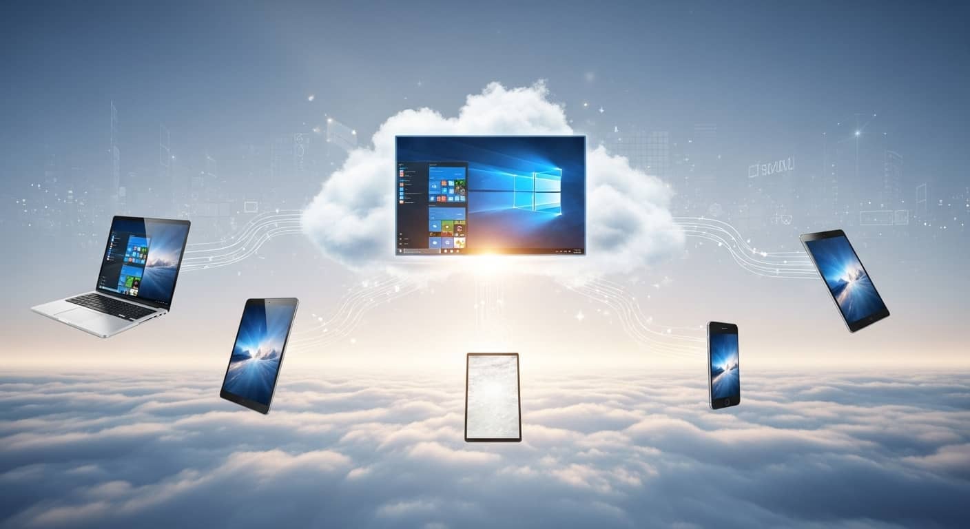 複数のデバイス（ノートPC、タブレット、スマートフォン）がシームレスに雲（クラウド）と接続され、Windowsデスクトップが中央に浮かんでいるイメージ