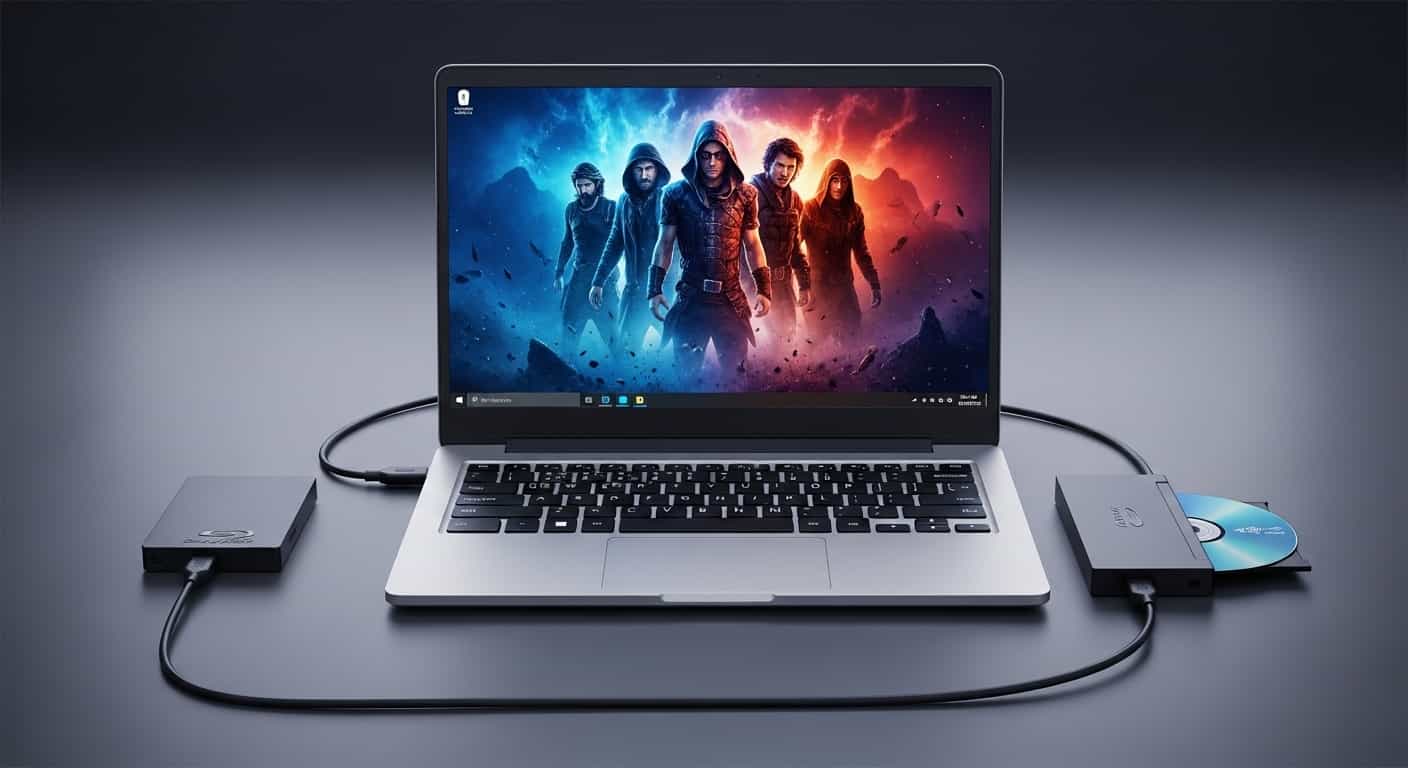 Windowsパソコンと外付けブルーレイディスクドライブが接続され、映画が再生されている様子