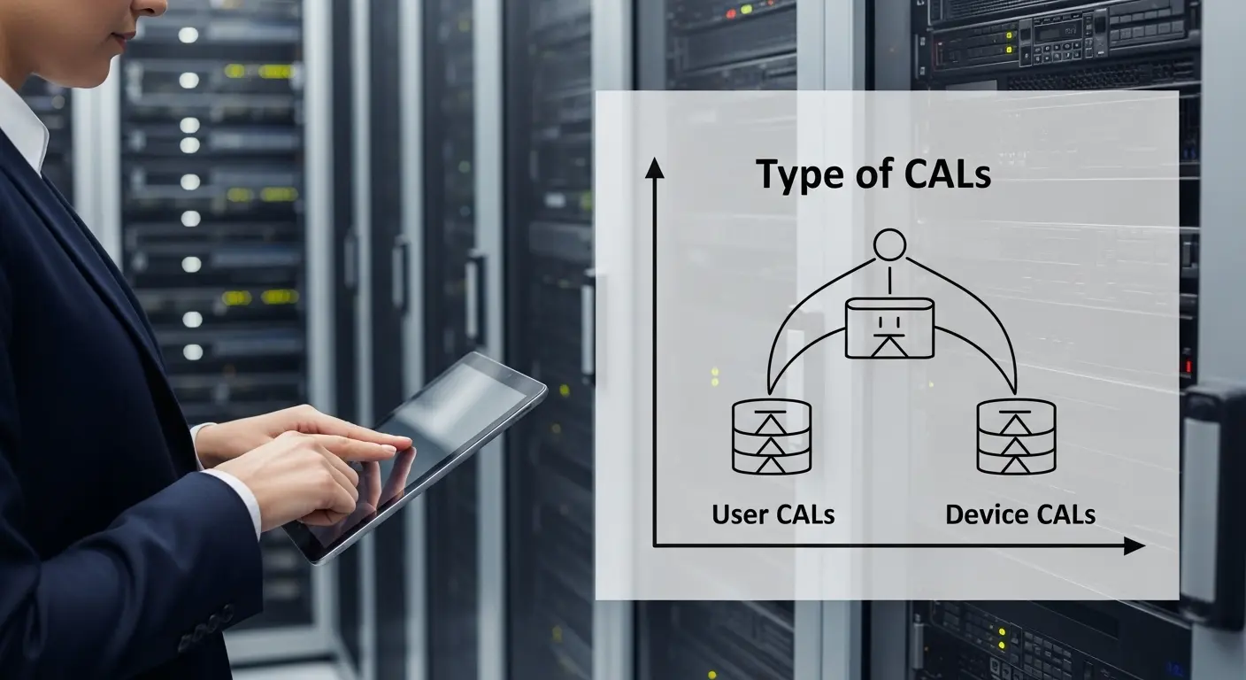 サーバーラックの前に立つビジネスパーソンと、CALの種類を示すグラフ