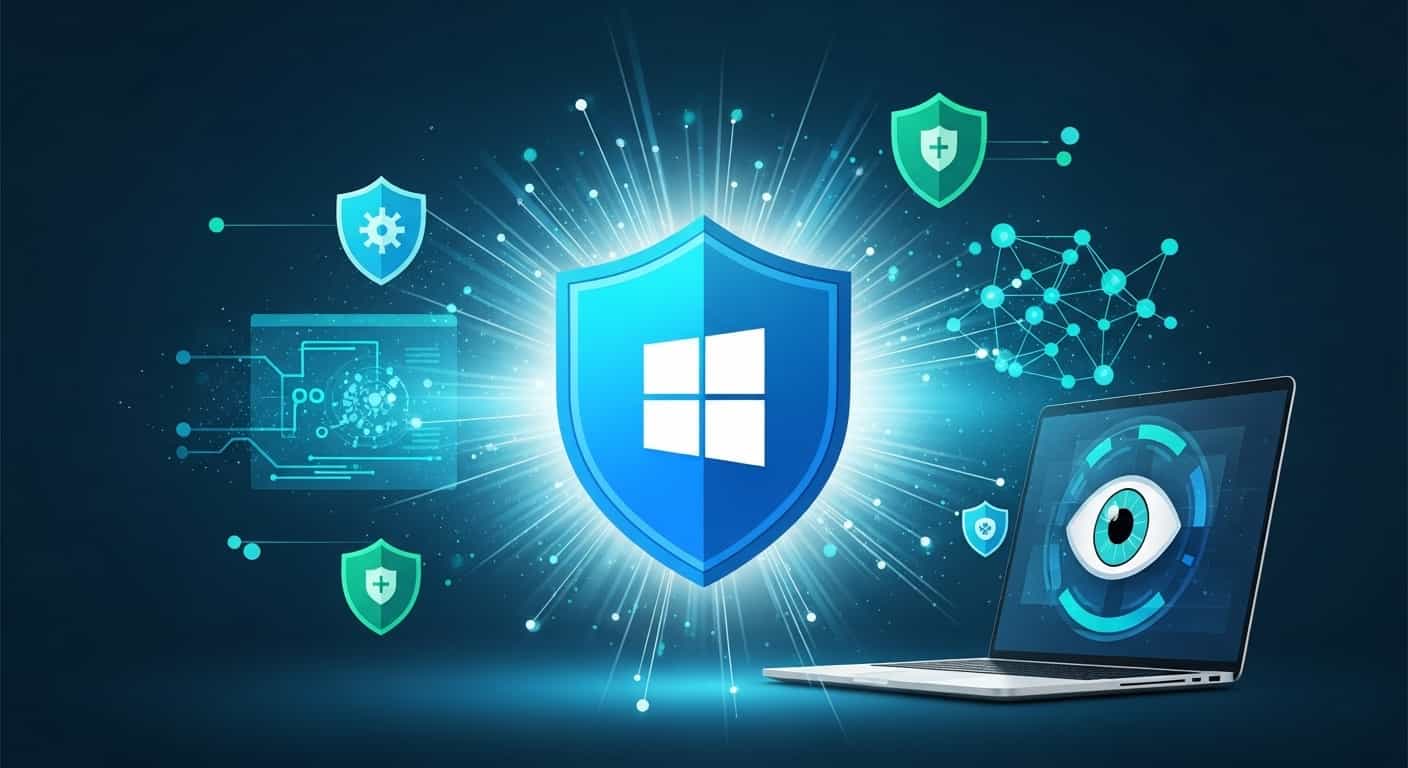 Windows Defenderの盾のアイコンと、パソコンを守るサイバーセキュリティのイメージ