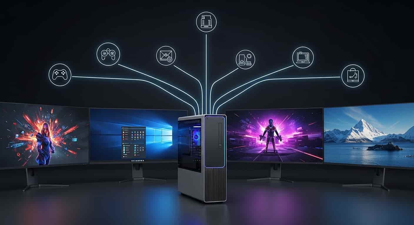 モダンなWindowsデスクトップPCのセットアップと多様な用途のアイコン