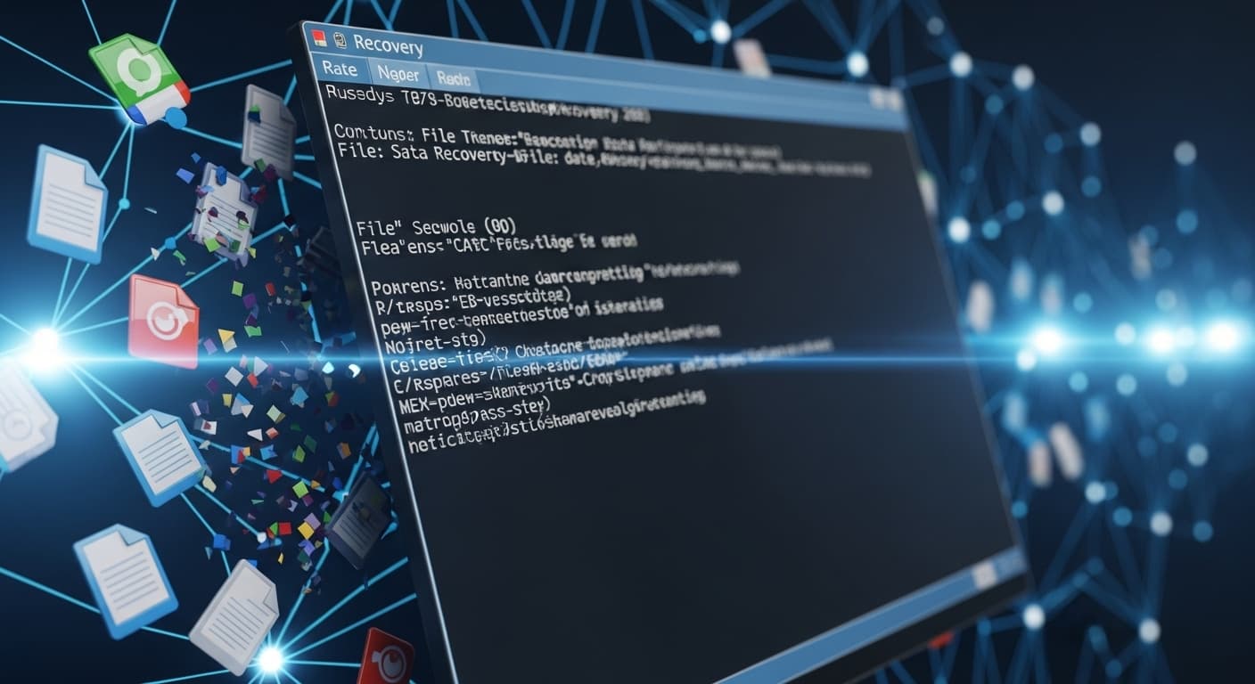 データ復旧を試みるPC画面と破れたファイルのアイコン。