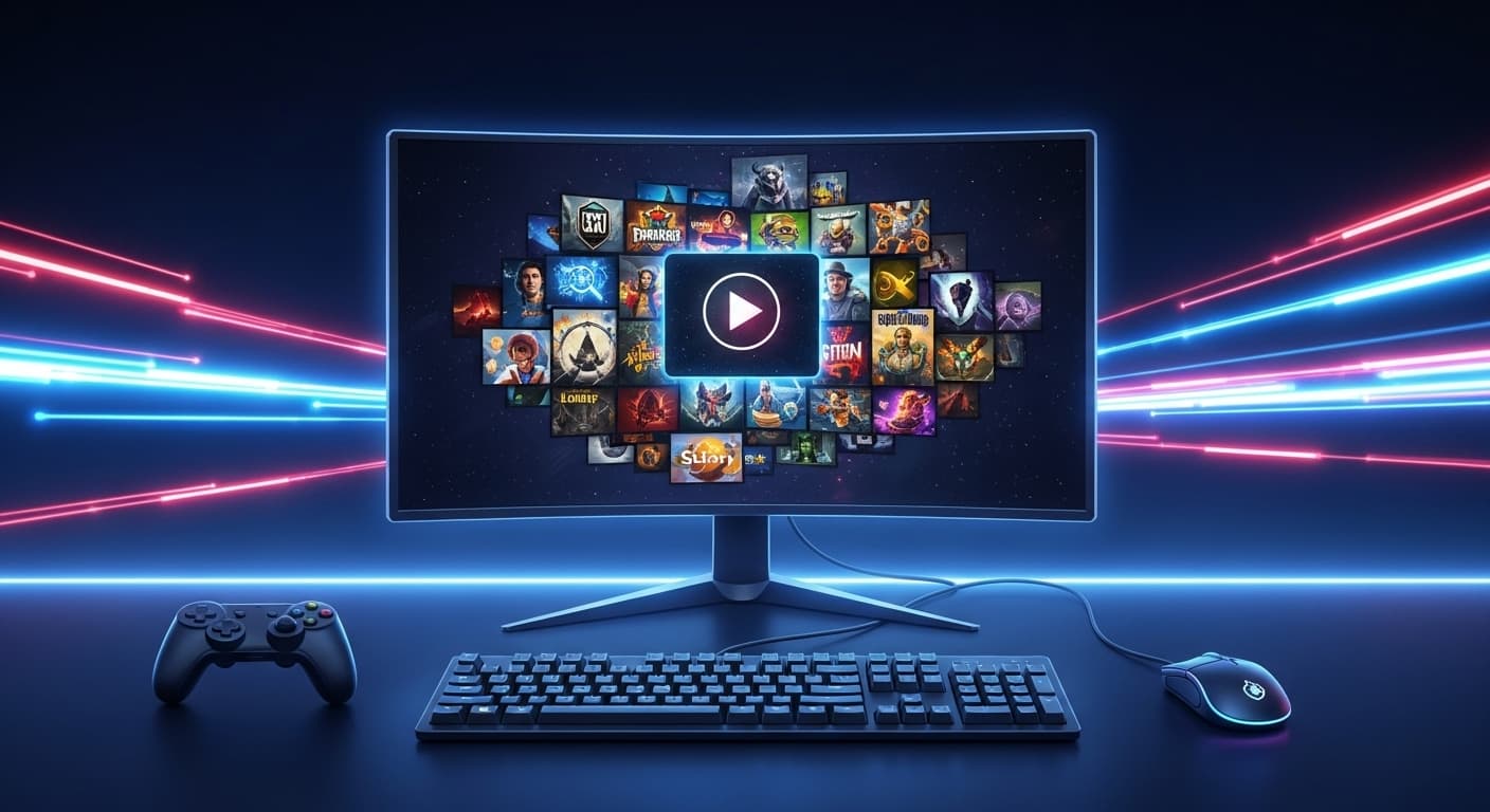 ゲーミングPCと様々なゲームのアイコンが表示された画面。