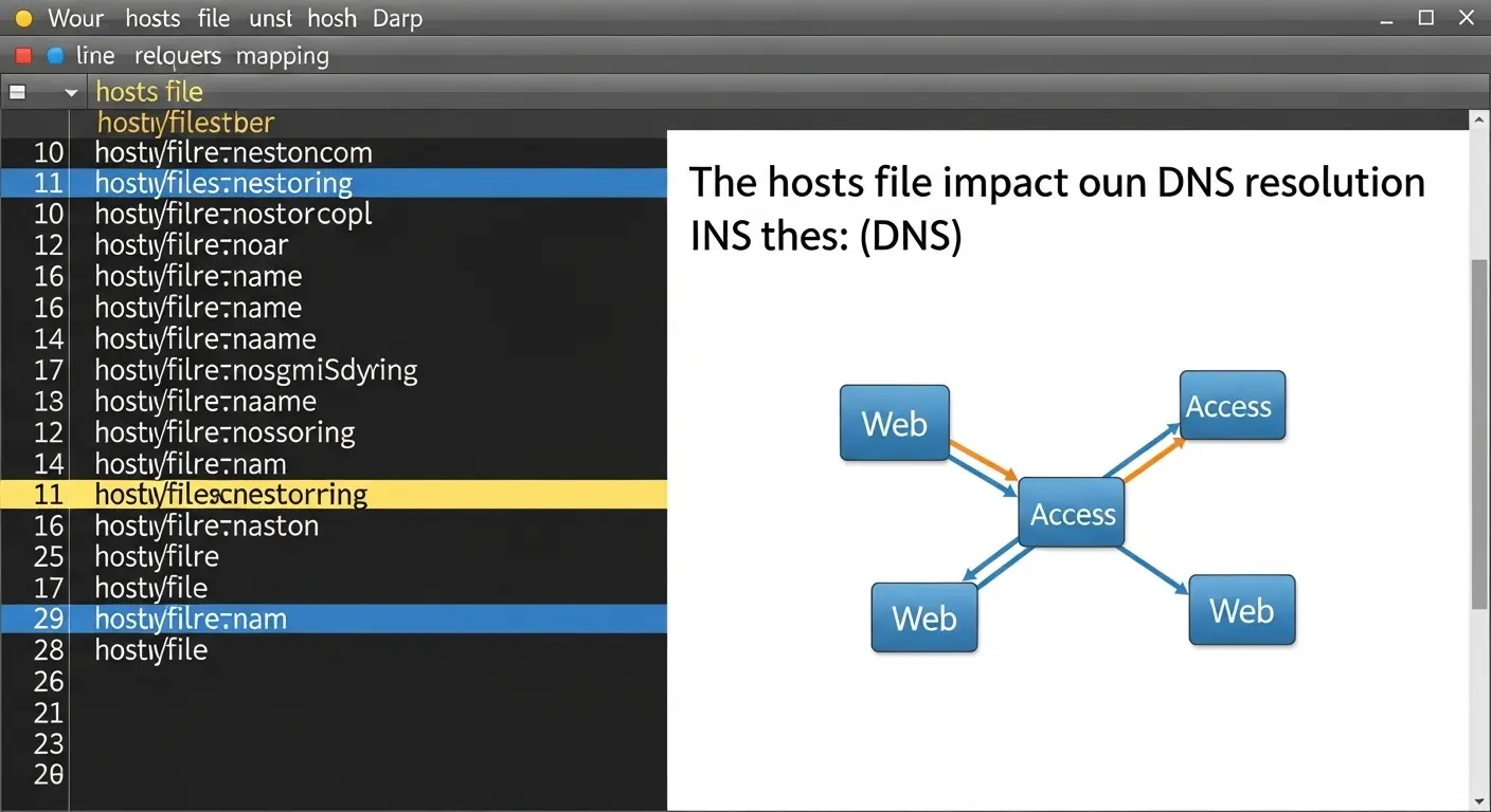 パソコン画面にhostsファイルの内容とネットワーク接続図が表示されている