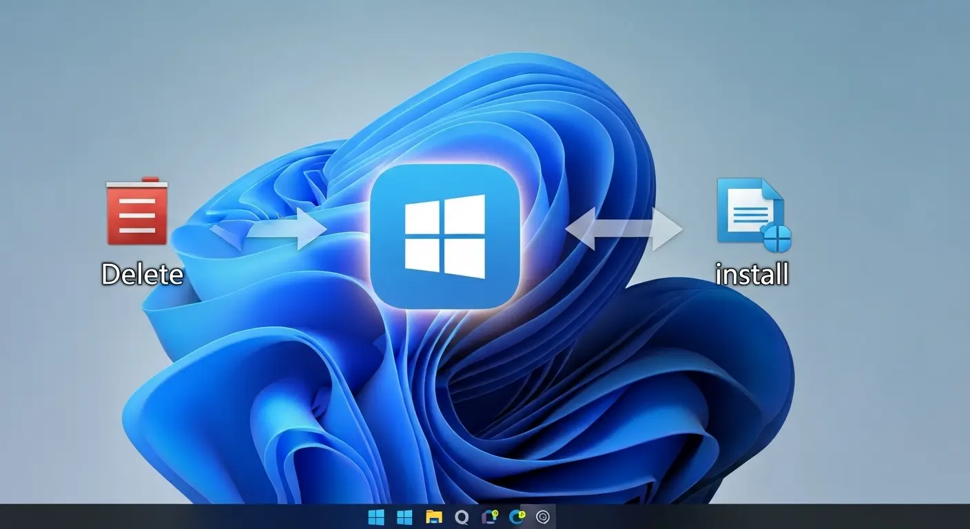 Windows Media Playerの再インストールプロセスを示すイラスト。