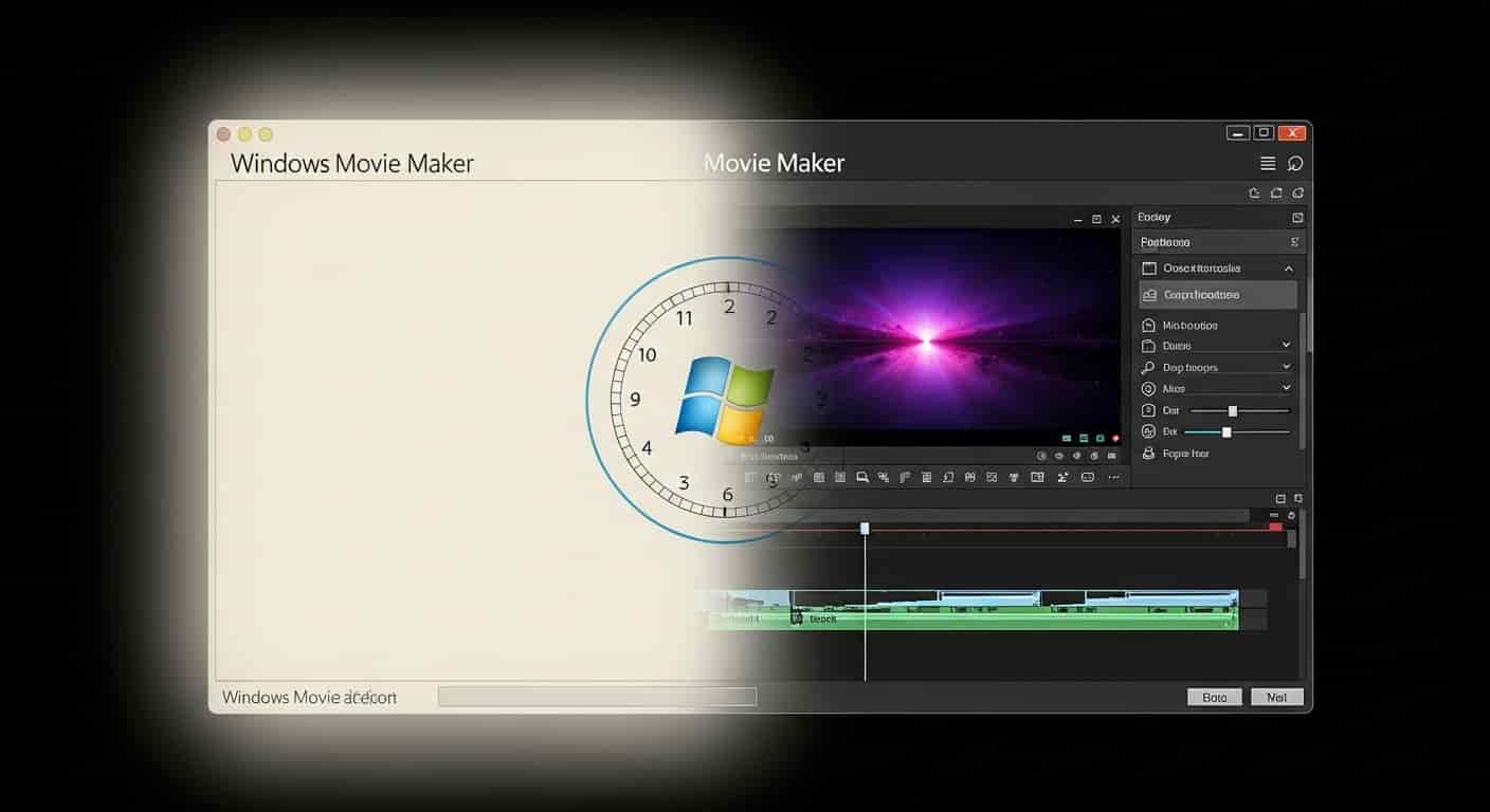 Windowsムービーメーカーの象徴的な画面と現在の動画編集ソフトの進化を表すタイムライン