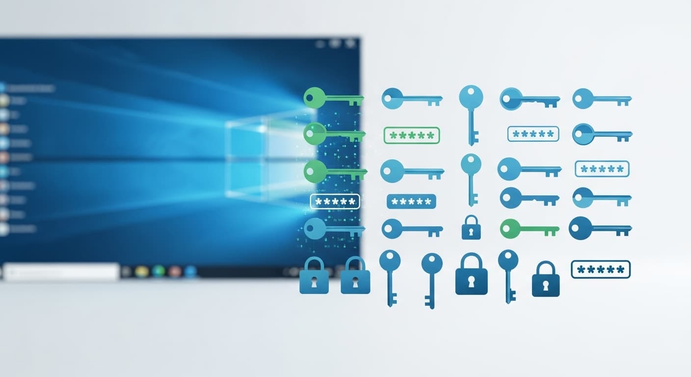 複数の鍵とパスワードのアイコンがWindowsの画面上に整理されて並び、安全なパスワード管理を示す。