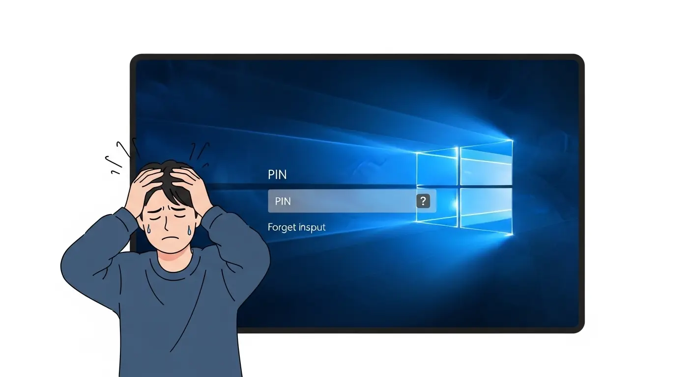ロックされたWindows画面と困惑するユーザーのイラスト