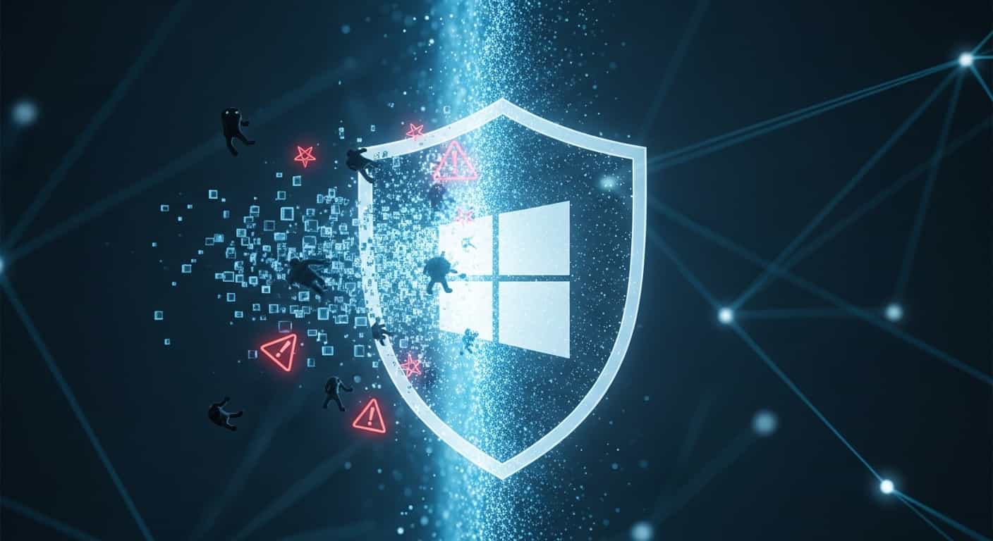 Windowsセキュリティの盾のアイコンと、その周りを囲むサイバー脅威からPCを守る光のバリア