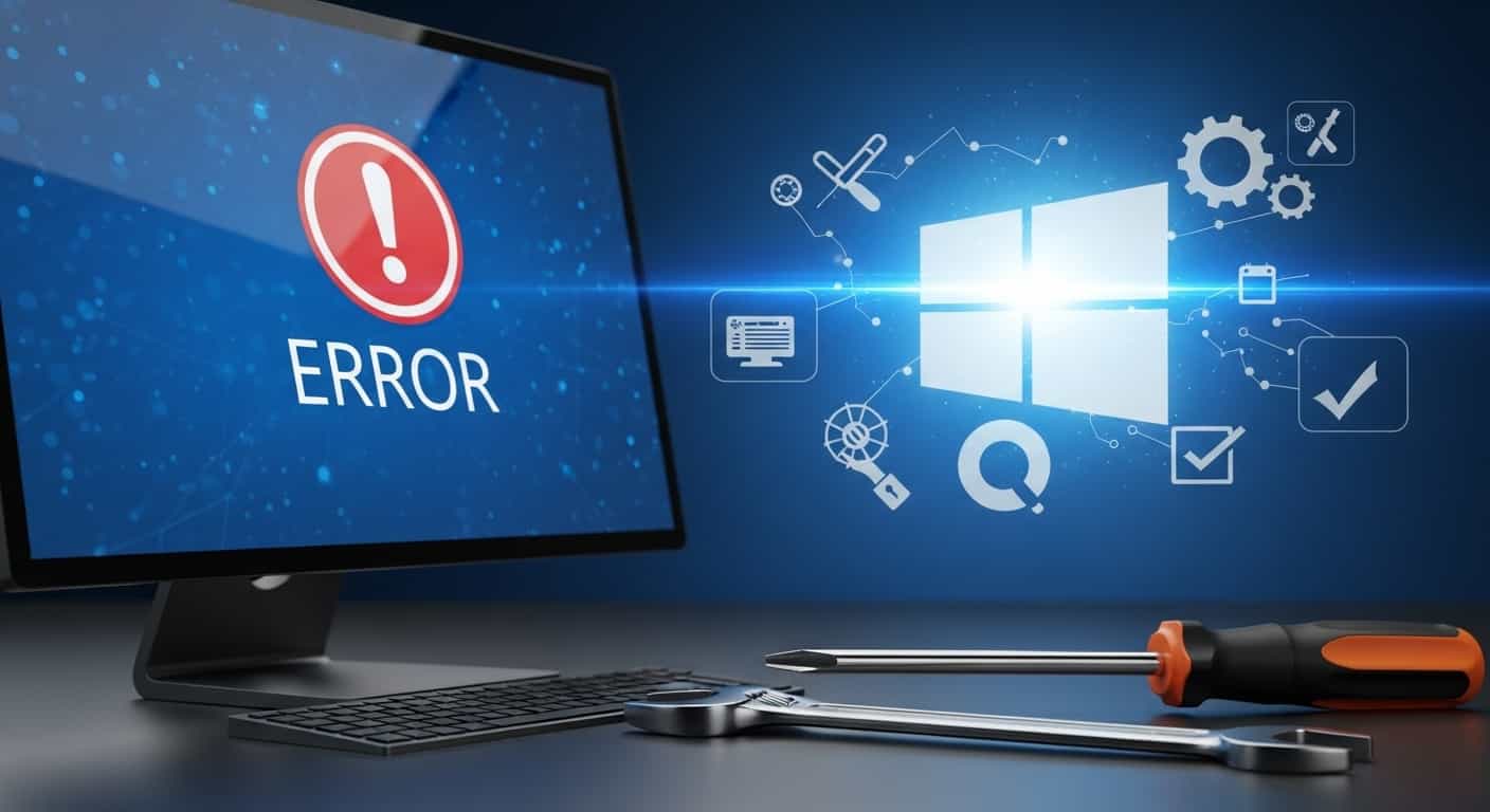 故障したPCの画面に修理の工具が置かれ、背景にはWindowsのロゴと修復のアイコンが描かれている。