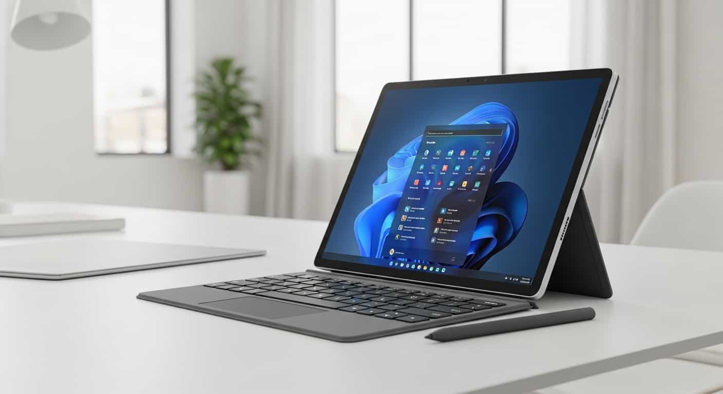 最新のWindowsタブレットがスタイリッシュなデスクに置かれ、キーボードとペンが付属している様子