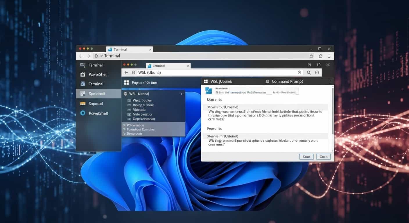 Windows Terminalの多機能な画面が未来的なインターフェースで表示されている