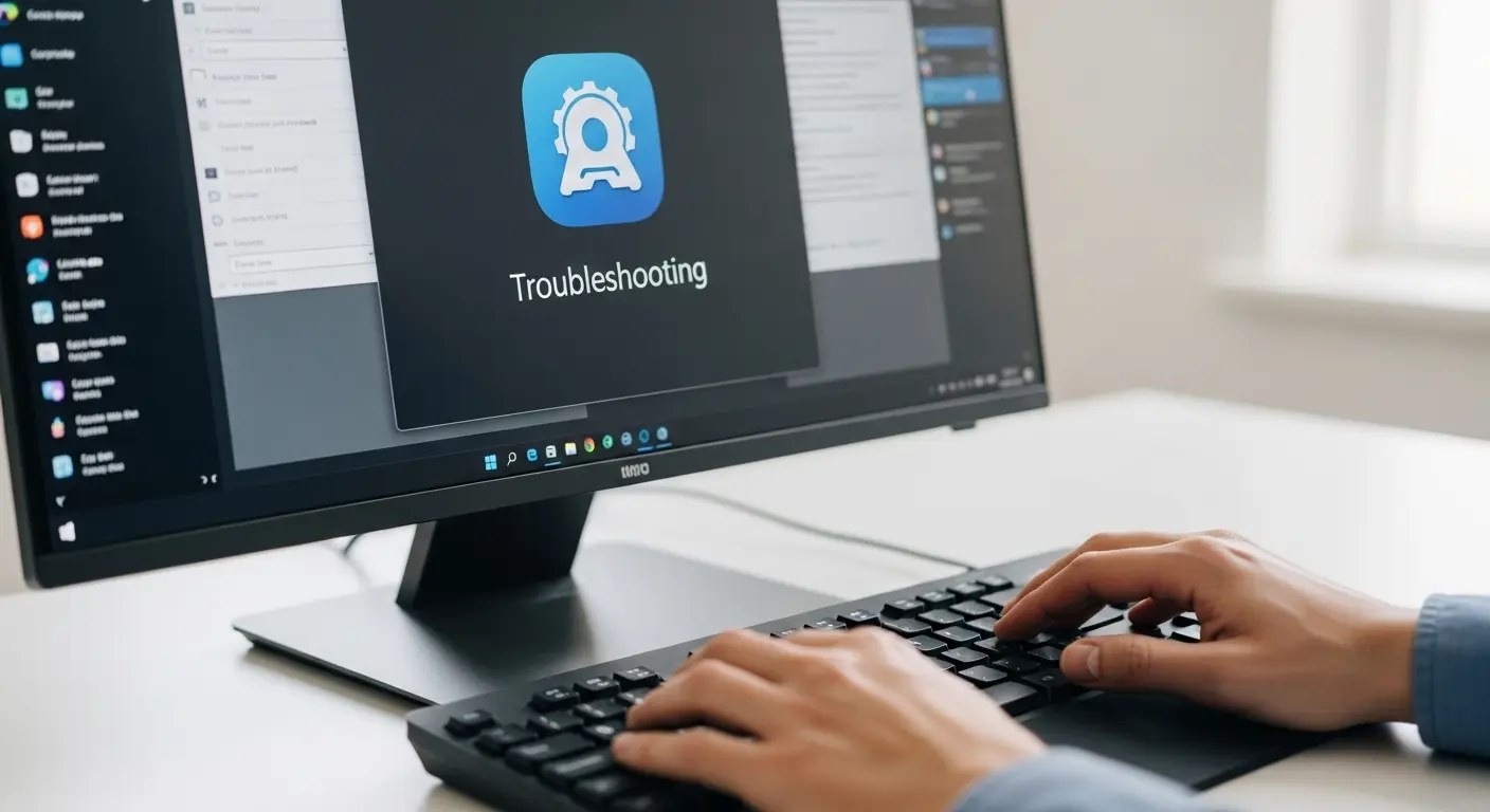 Windowsのトラブルシューティングアイコンと、それを操作する人の手