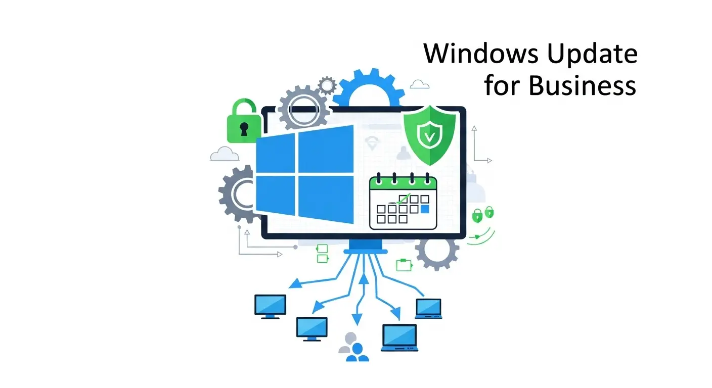 Windows Update for Businessの集中管理とセキュリティ強化をイメージ。