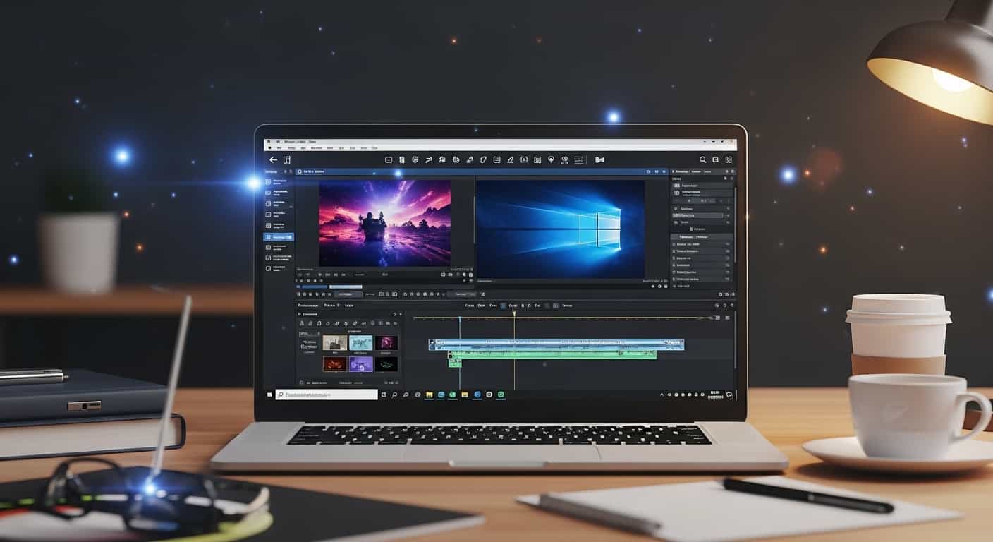Windowsパソコンの画面に動画編集ソフトのタイムラインと様々なエフェクトが表示され、クリエイティブな雰囲気が伝わる