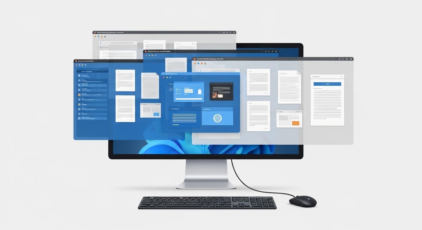 複数のデスクトップが広がるPC画面のイメージ。