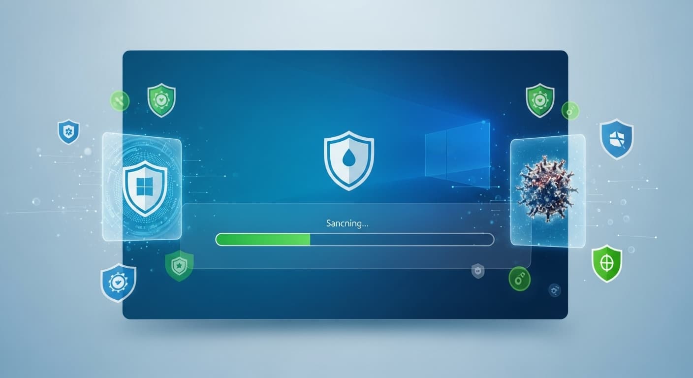 Windowsパソコンのウイルススキャン画面とセキュリティの盾のアイコン