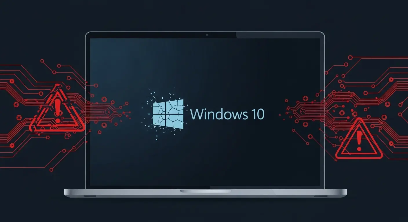 Windows 10の自動修復が失敗したPCのトラブルを示す抽象的なデジタルグラフィック。