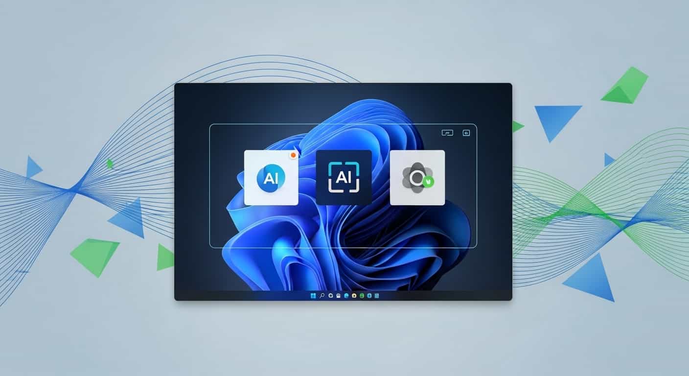 最新のWindows 11 24H2のデスクトップ画面とAIの概念を示すアイコン。