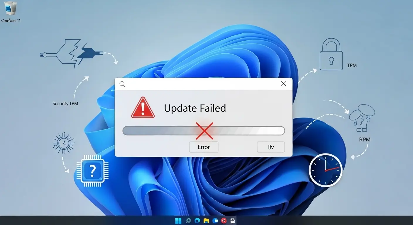 Windows 11 24H2アップデート失敗画面とトラブルの原因を示すアイコン。
