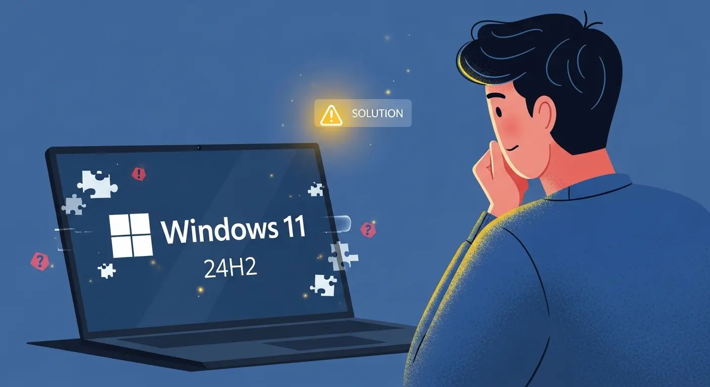 Windows 11 24H2アップデート後のPCトラブルを解決するユーザーのイメージ。