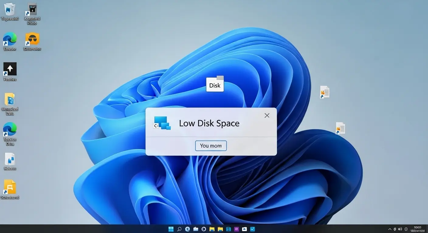 Windows 11のCドライブ容量不足を示す警告メッセージとディスククリーンアップのアイコン。