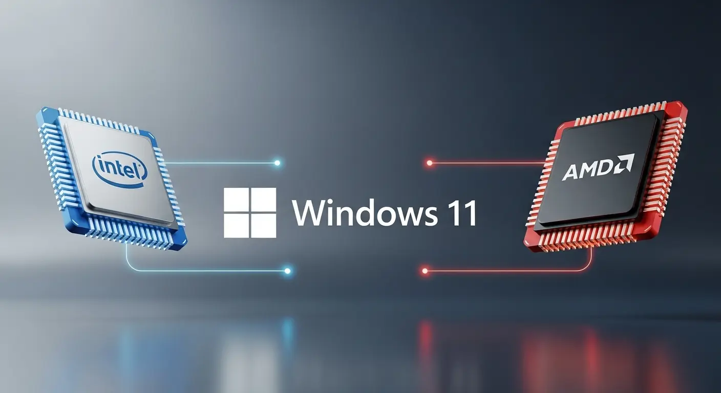Windows 11ロゴとIntel、AMDそれぞれのCPUチップが互換性を表現するように配置されたグラフィック。