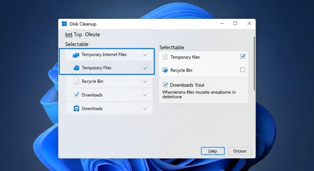 Windows 11のディスククリーンアップツールが起動し、削除可能なファイルが一覧表示されている画面。